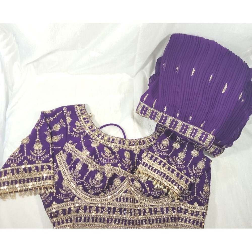 Women's Bollywood Chiffon Bridal Wedding Blouse Choli & Lehenga - Purple - XL